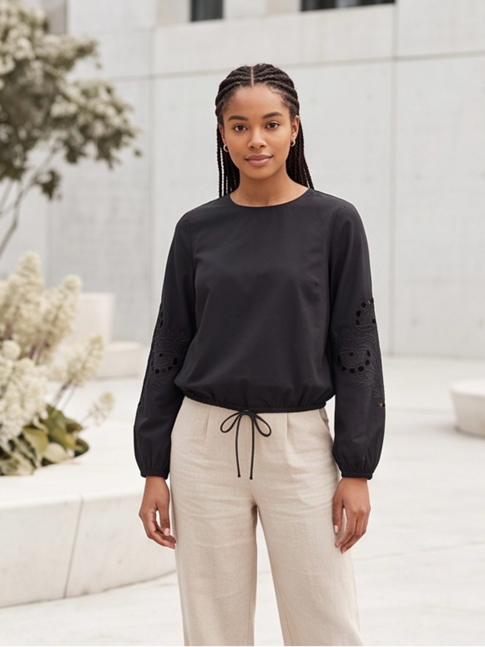 PIECES Black Embroidered Eyelet Balloon Sleeve Drawstring Blouse Size S